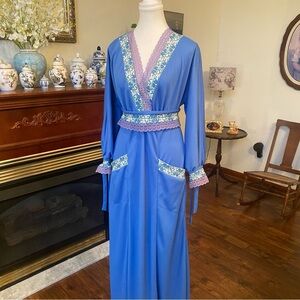 Vintage 70s JCPenney Blue Hostess Maxi Dress Bewitched Boho Moroccan Trim • S/M